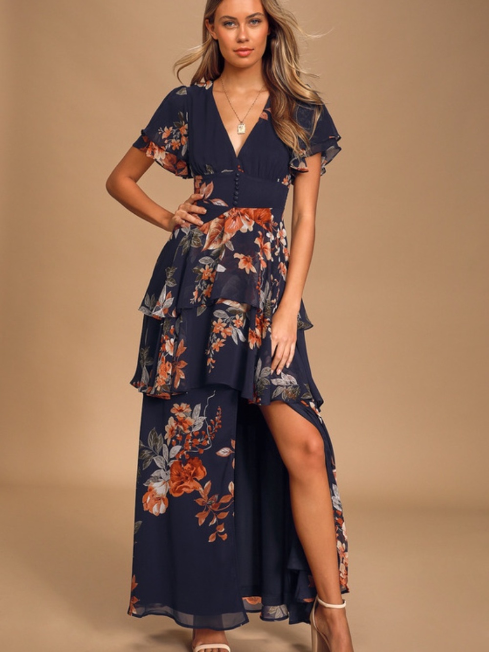 Lulus Midnight Mood Navy Blue Floral Print Tiered Maxi Dress - Size M